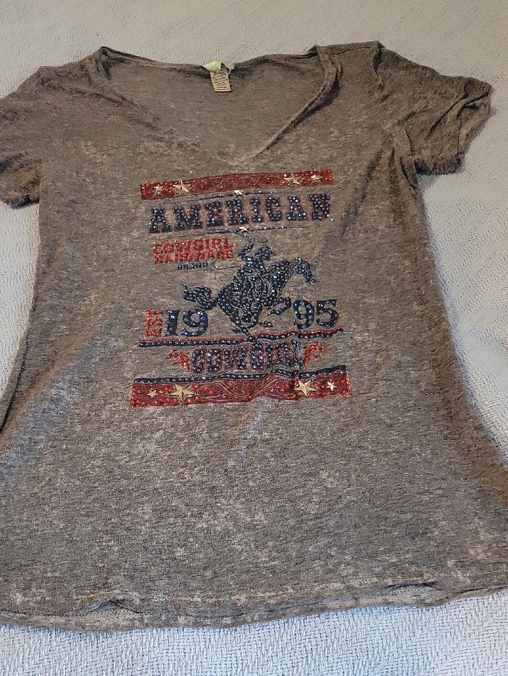 Vintage-Inspired Gray American Graphic V-Neck Tee